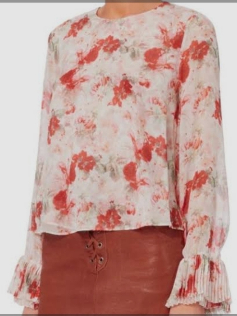 Intermix White Orange Floral Tie Pleat 100% Silk long sleeve Sheer Blouse SZ M
